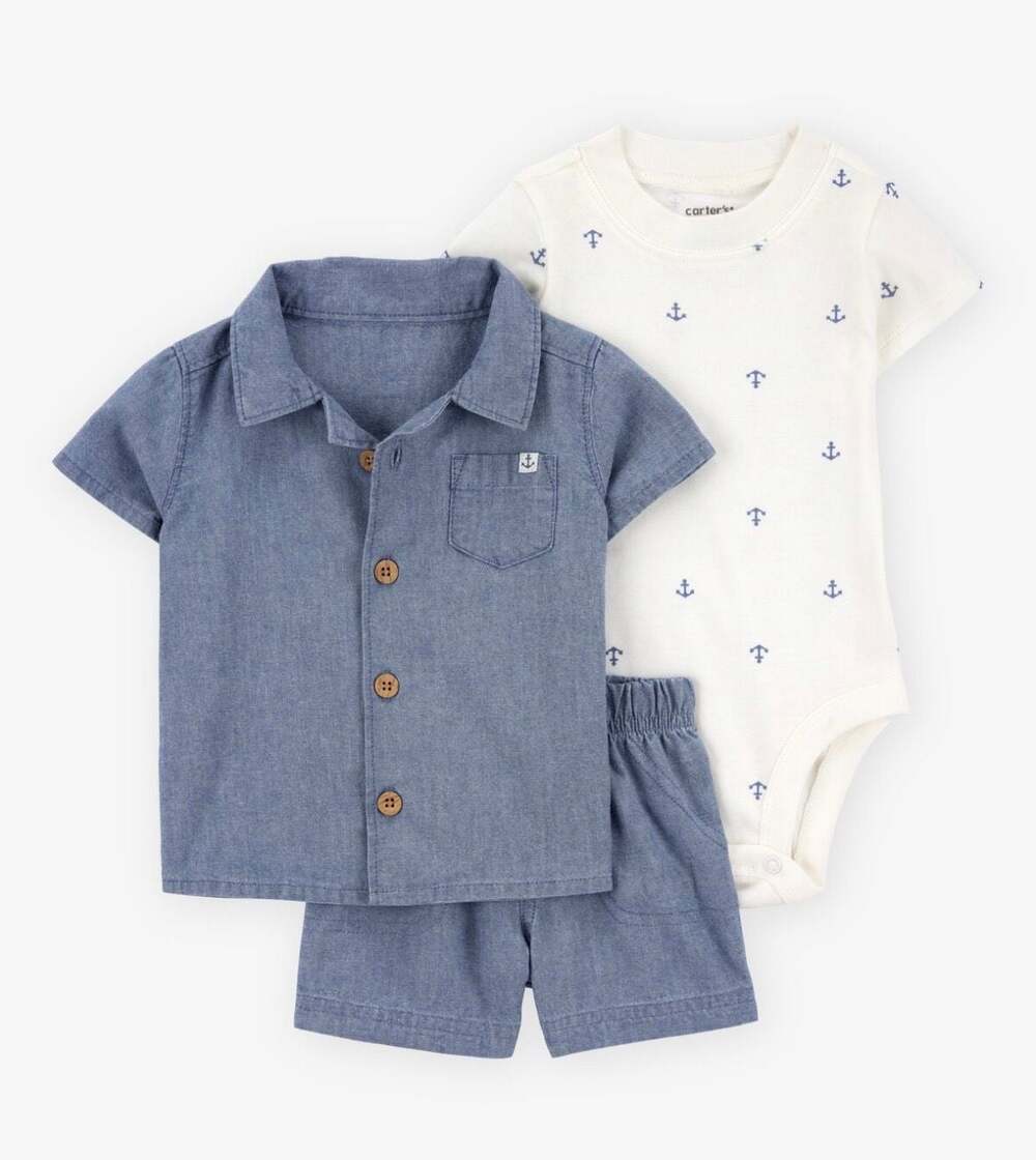 6M Carter's Baby Boy 3-Piece Anchor Onesie and Chambray Shirt Set